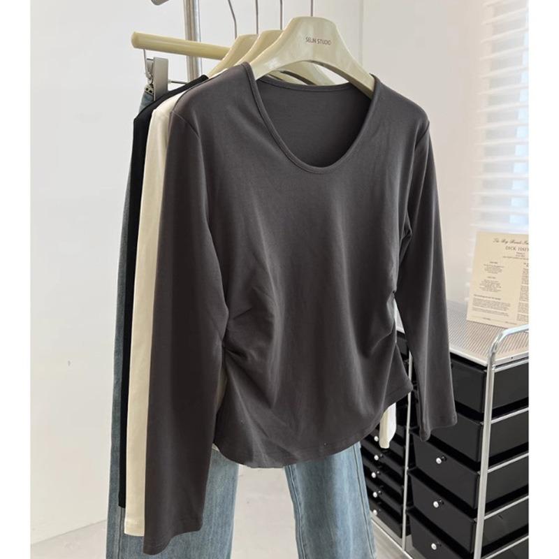 

Однотонная футболка с U-образным вырезом, с длинными рукавами, женская, сезонная, облегающая, нижняя, плиссированный топ XL темно-серого