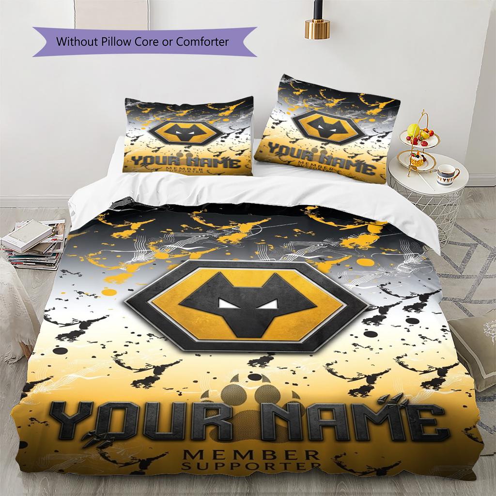 Name Custom Wolverhampton Wanderers Pattern Bedding Set Quilt Cover Pillowcase Home Decor Gift (1 * Duvet Cover + 2 * Pillowcase, Without Core)