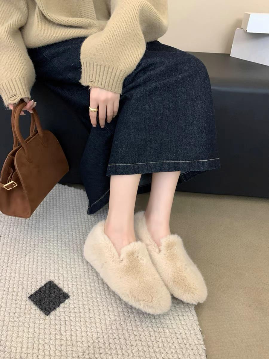 

Модная женская обувь с мехом, зимние теплые туфли на плоской подошве, мокасины, однотонные, простые, простые, универсальные, высококачественные женские туфли 40 абрикосовый