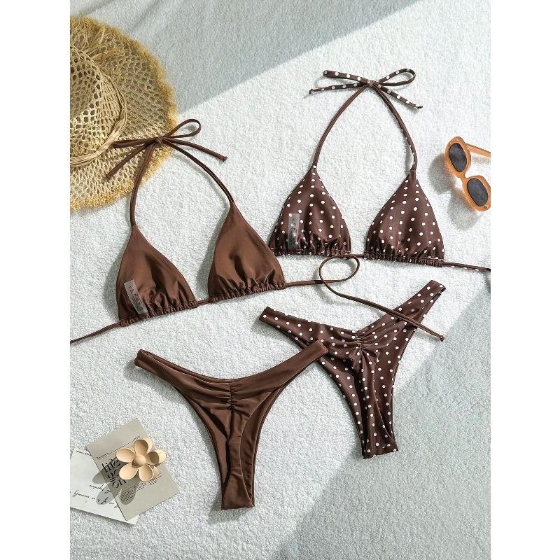 Retro Polka Dot and Solid Color Triangle Bikini Set