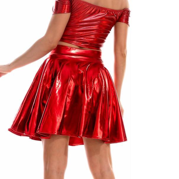 Women Shiny Metallic Flared Skater Skirts Faux Leather High Waist Pleated A-Line Mini Skirt for Disco Dance Clubwear