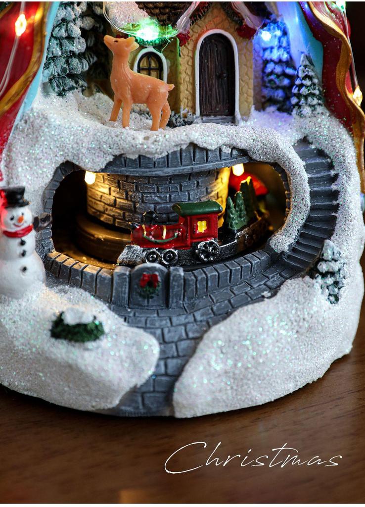 Resin Christmas House Music Box with Rotating Train and Luminous Lights - Tabletop Ornament Decoration