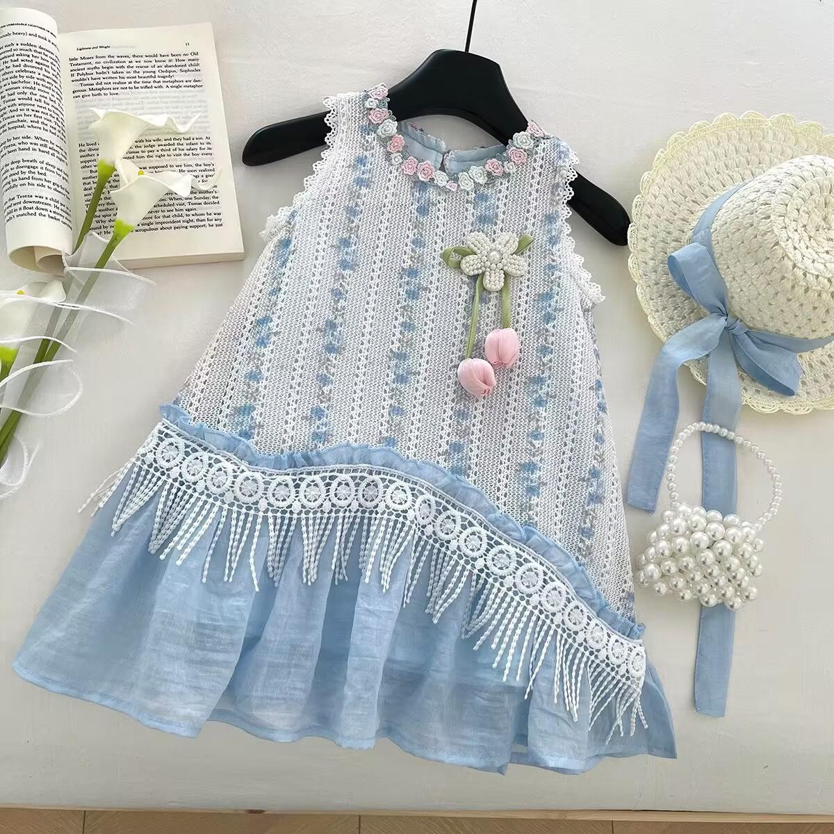 Summer Girls Lace Trim Sleeveless Princess Dress Baby Vacation Vest Dress 90cm