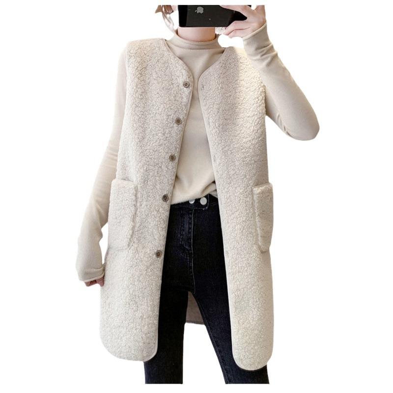 FASHION medium  long vest women's autumn  winter medium  long imitation lamb wool vest fashion new foreign versatile women's coat Clothes