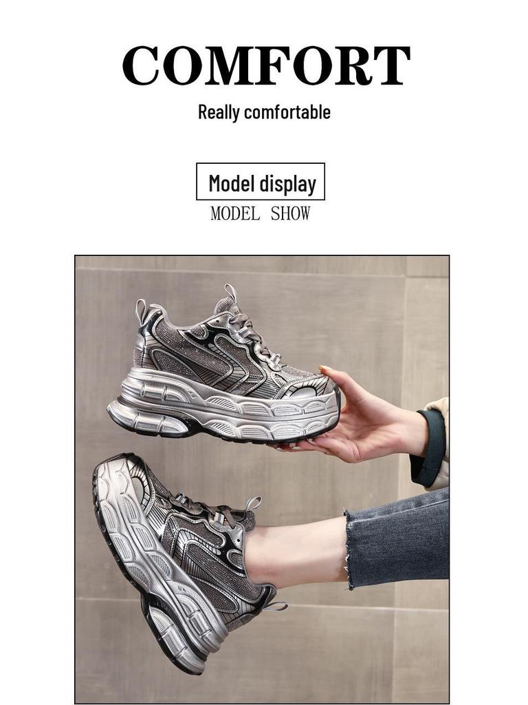 TW1279-2 Women's Thick Sole Rhinestone Dad Shoes - 2024 Versatile Autumn Fashion