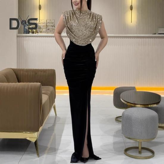 Women Glitter Dress Round Neck Sleeveless High Waist Lady Sequins Split Long Dress Evening Party Gown Dress