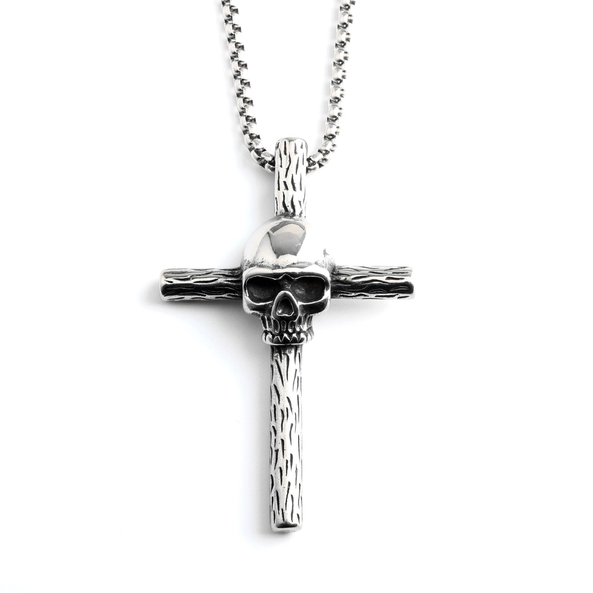 Men s Retro Stainless Steel Skull Cross Pendant Necklace Steel Color Single Pendant