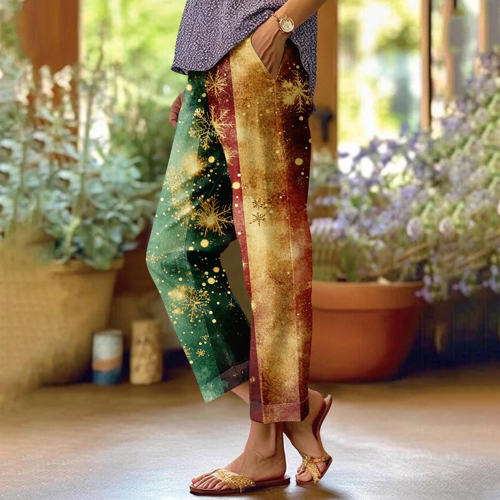 

Женские модные повседневные брюки с прямыми карманами и эластичной талией с рождественским принтом XL оранжевый