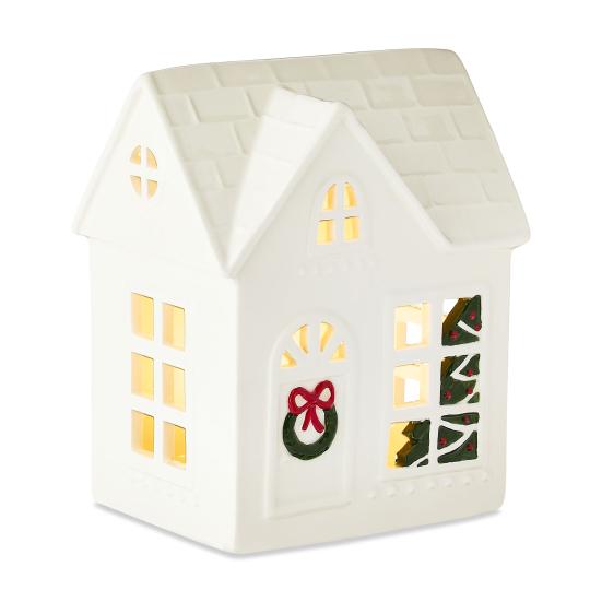 Christmas Village House Figurine LED Lighted White Small House Tabletop Decoration Winter Rustic Farmhouse Holiday Decor for Mantel Tabletop Room