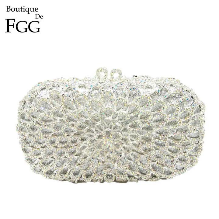 

Boutique De FGG Dazzling Hollow Flower Women Crystal Evening Minaudiere Wedding Party Floral Handbag Purse Bridal Metal Clutch