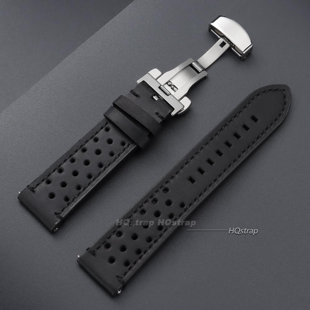 

Vintage Cowhide Watch Strap Breathable Leather Watch Band 18mm 19mm 20mm 21mm 22mm 24mm Quick Relase Butterfly Buckle Bracelet 21mm чорний