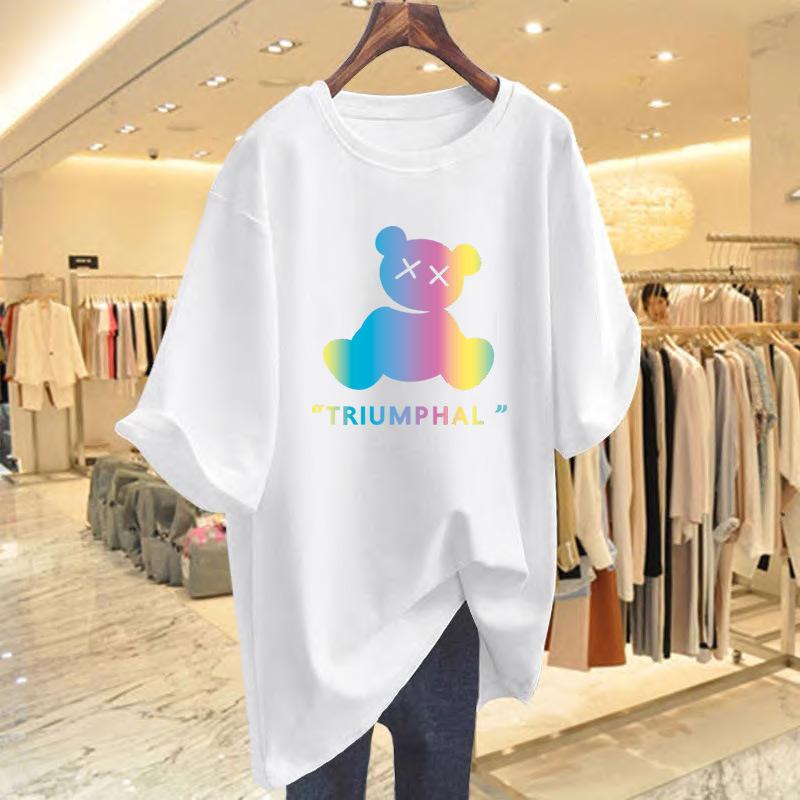

2025 summer new short-sleeved women s t-shirt white round neck versatile printing pure cotton large size loose t-shirt tide S