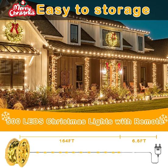 Decute 500LED 164FT Christmas Tree String Lights Green Wire Dimmable with Remote Control, UL Listed Plug in Fairy Starry Lights Decorative for