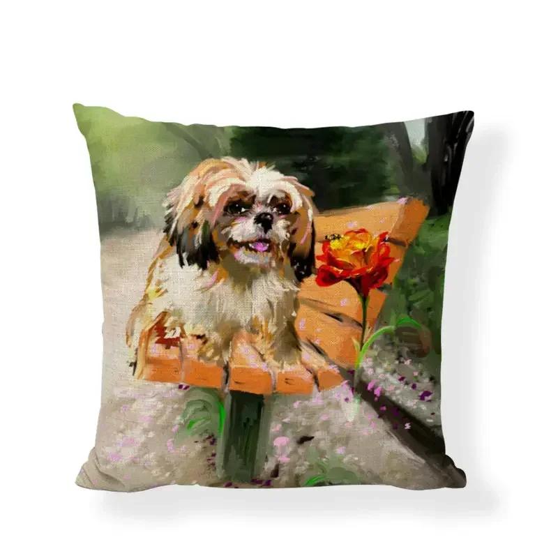 

Cartoon Cute Dog Oil Painting Shih Tzu Cushion Cover Pillow Case 18*18 In Decor Home Office Couch Autumn Forest Pillowcase 16x16Inch