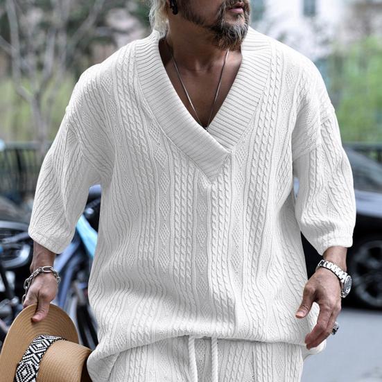 Men T-shirt V-Neck Short Sleeve Twist Jacquard Texture Tee Shirt Solid Color Loose Fit Summer Knitting Tops
