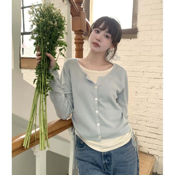 

Футболка-кардиган контрастного цвета Niche: Приталенный однобортный топ с длинными рукавами на осень. One Size серый/синий