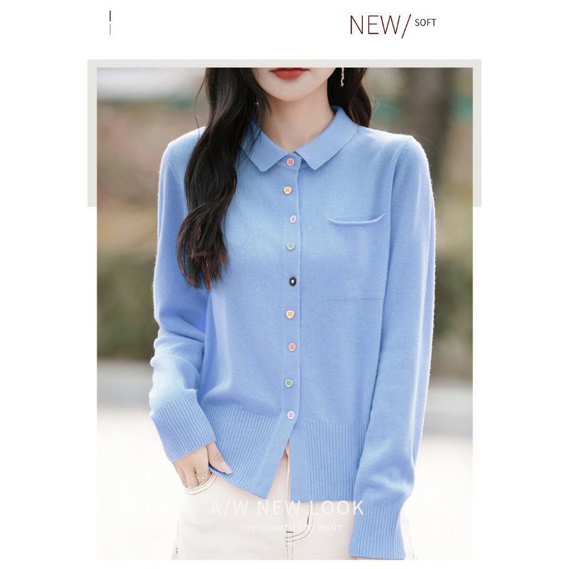 

Весенний новый женский вязаный кардиган-пуловер, женская рубашка-поло, с воротником и длинным рукавом L небесно-голубой