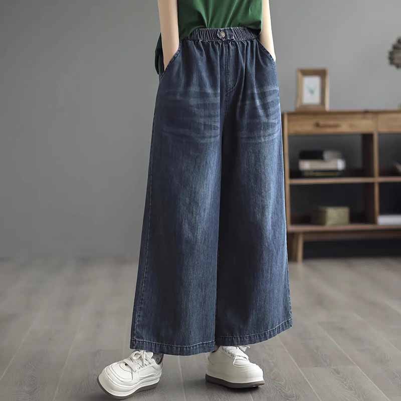 

Джинсы Хлопок Женские Эластичная Талия Свободные Завышенная Талия Прямые Тонкие Брюки XXXL синий