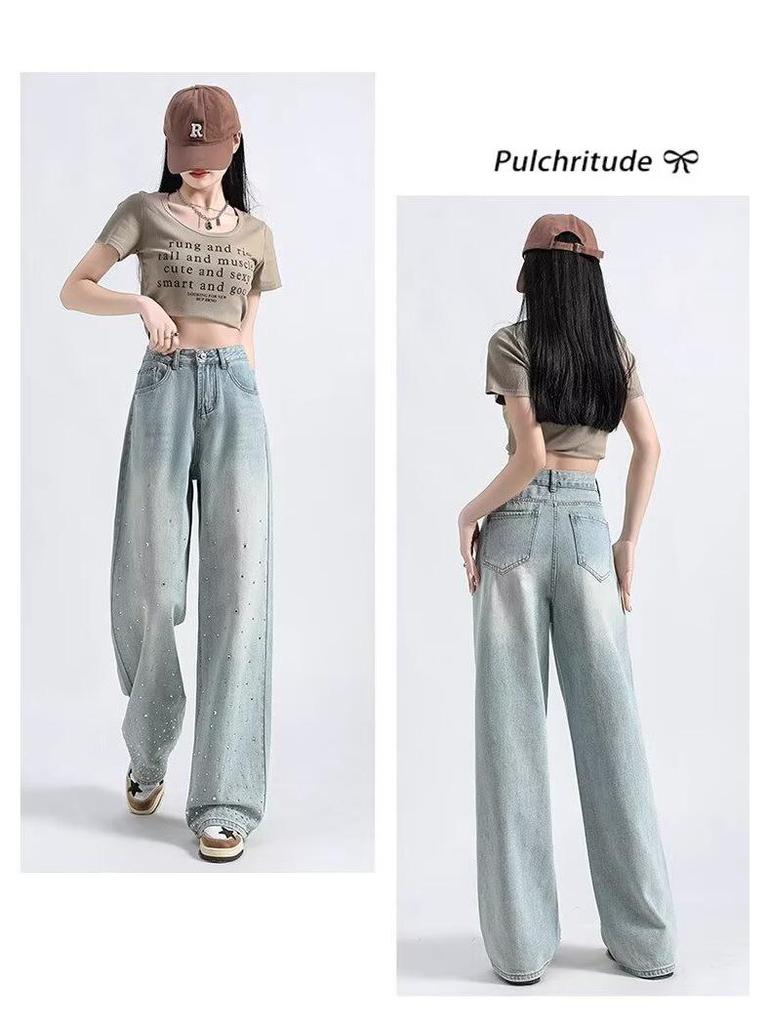 Spring & Autumn 2025 Women's High-Waisted Light Wide-Leg Jeans: Trendy Versatile Slimming Straight-Leg with Hot Drill Design.