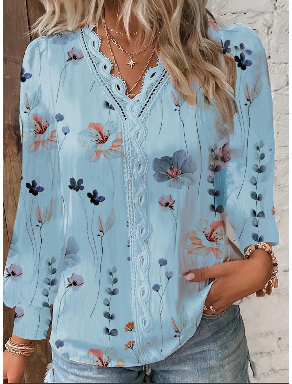 

2023 Women s Autumn V-Neck Lace Patchwork Long Sleeve Blouse Shirt XXL синій