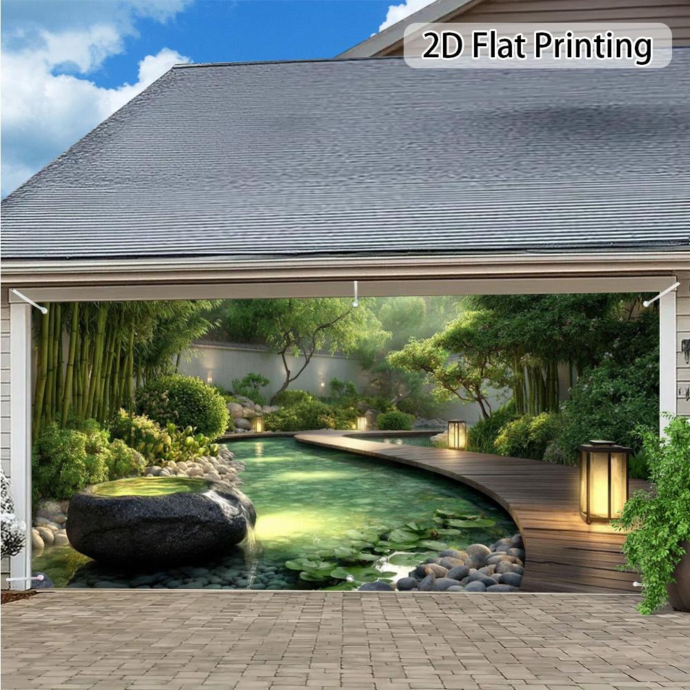 2D Planar Sheet 1 Piece. Cactus Garden Water Pool Garage Door Fabric Suitable for Backyard Terrace Decoration and Wedding.