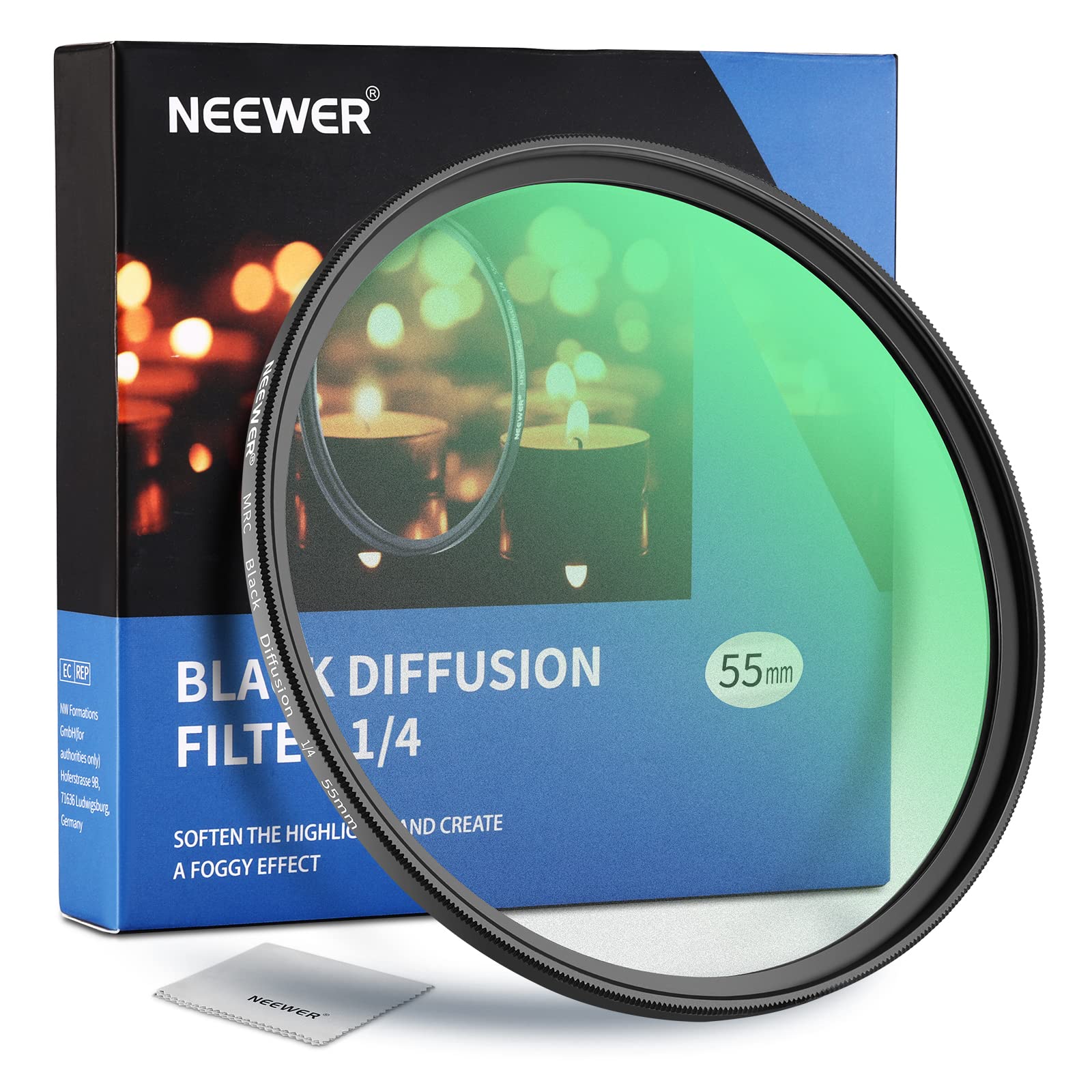 

NEEWER 55mm Black Diffusion Dreamy Cinematic Camera Lens Filter with HD Optical Glass and for and Photography 1/4 Filter, Effect, Ultra-Thin