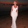 Women European American Style Solid Color V Neck Sleeveless Hollow Out Bodycon Long Dress