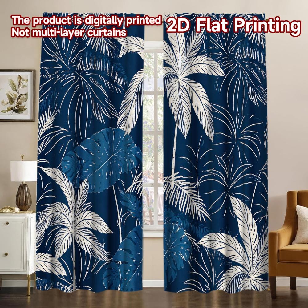 2D FLAT PRINTING 2pcs Curtains (Without Rod) Blue Tropical Leaves Pattern Modern Creative Curtains Yarn Curtains Decorations For 60×150cm
