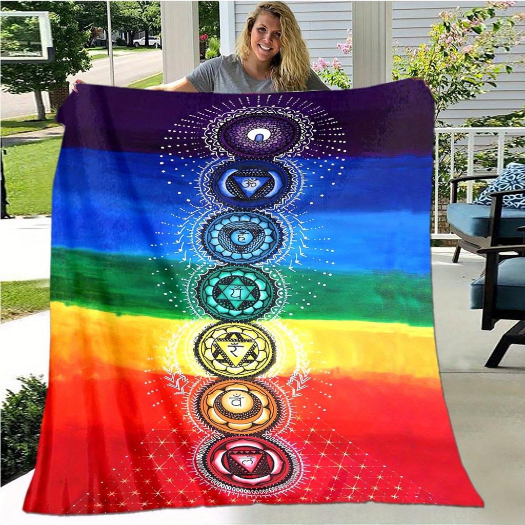 Rainbow Blanket Colorful Tassel Chakra Printed Flannel Meditation Decorative Blanket Direct Supply