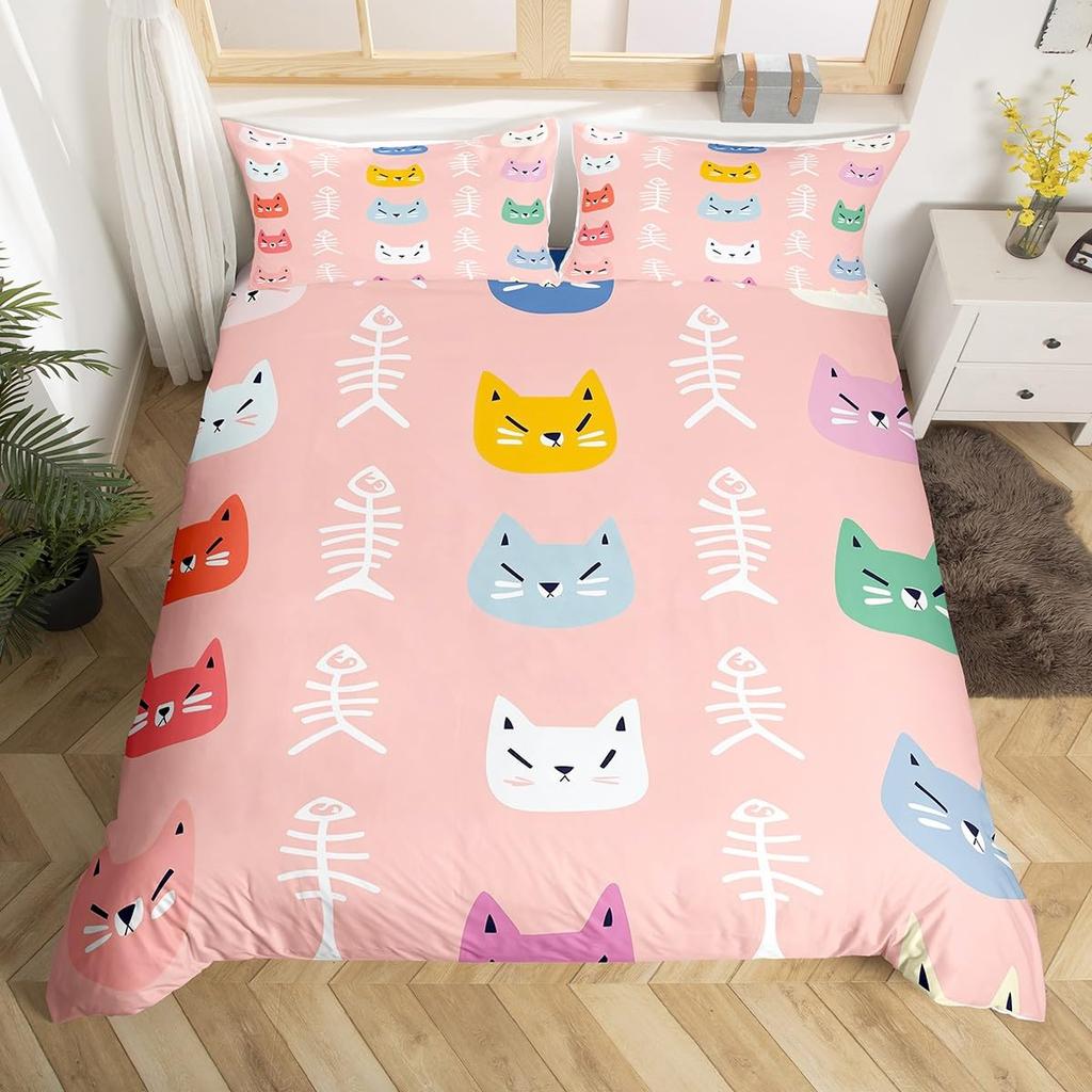 Roztomilý potisk kočičí tlapky Povlak na peřinu Kawaii kočky Sada povlečení Zábavný koťátko Ryba Potah na přikrývku Kreslené zvíře Polyesterový potah na přikrývku