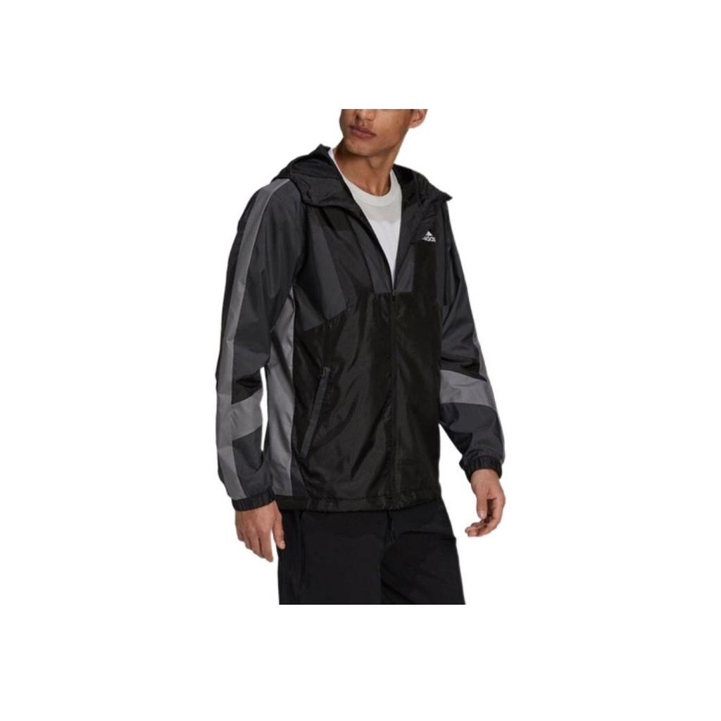 Adidas Logo Print Drawstring Hooded Zip-Up Sports Jacket Men Outerwear Black H31442