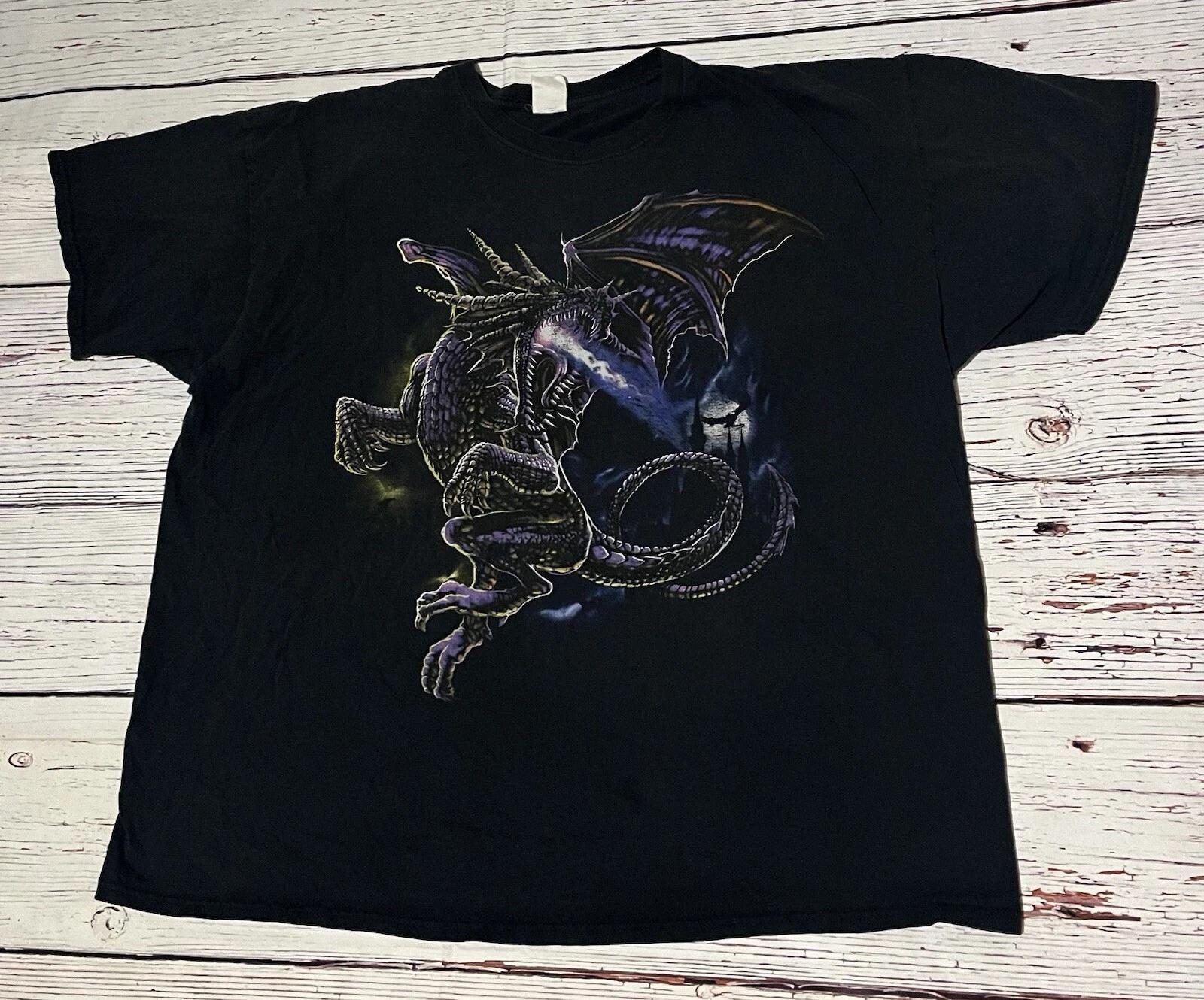 

Vintage Y2K Dragon Flame Fantasy Graphic Black T-Shirt Mens Size 3XL *Damaged* 2XL