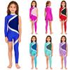 Girls Gymnastics Dance Performance Jumpsuit: Mock Neck Back Invisible Zipper Shiny Sequins Color Block Asymmetrical Design