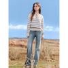 Betu Women's 2025 Fall Button Striped Patchwork Long Sleeve Knit Top