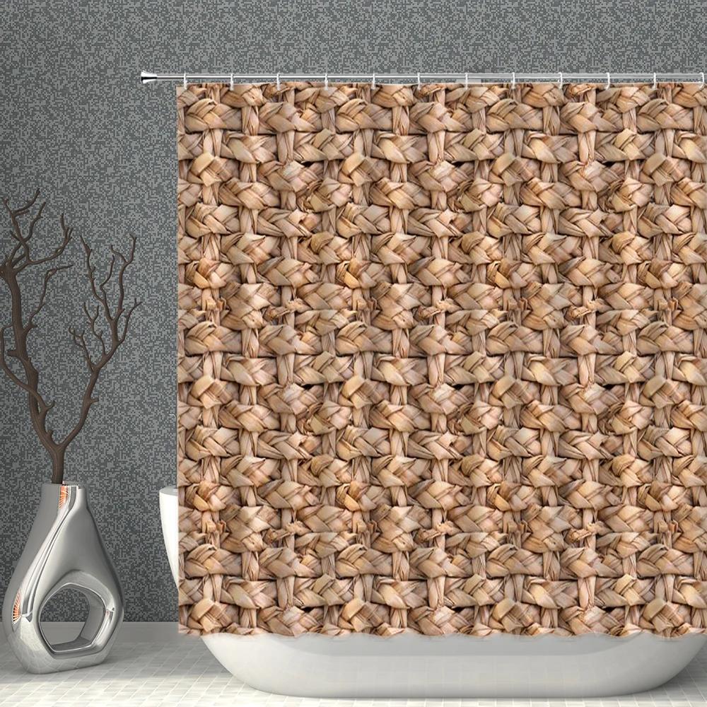 Straw Weave Shower Curtains Waterproof Wood Grain Stone Pattern Golden Cloth Bath Curtain Set Multi-size Screen For Bathroom