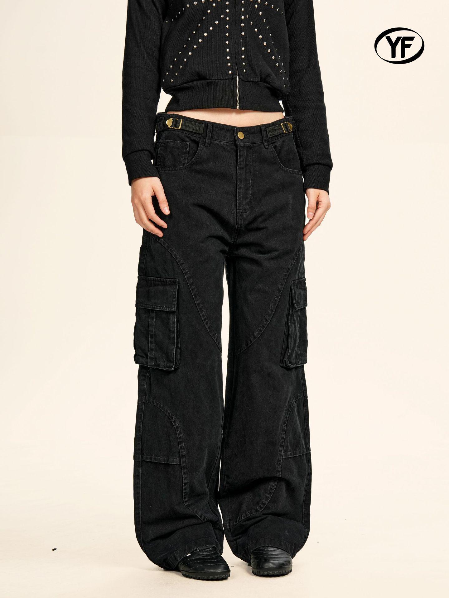 Yongfang Unisex Retro Multi-Pocket Cargo Pants - Trendy Loose Fit, Clean Design, Casual Style XXL