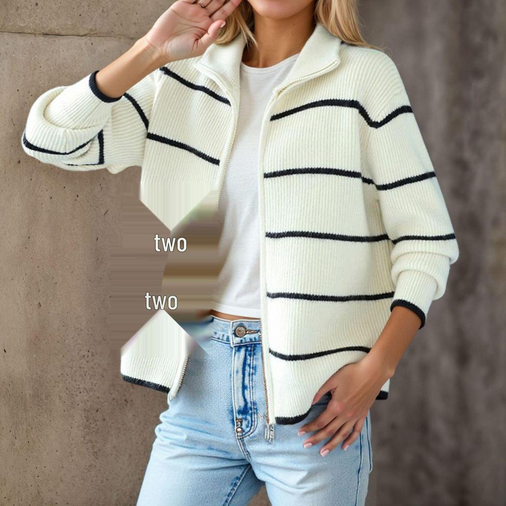 Women's 2025 Fall/Winter Color Block Striped Knitted Zip-up Cardigan with Turn-down Collar