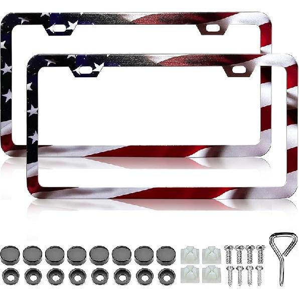 American Flag License Plate Frame Holder - 2 Pack Universal Aluminum Matte Stripe US Flag Gloss Patriotic Car Plate Frame Covers With Free Screws Matte American flag Narro