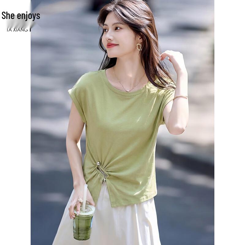 Women s Round Neck Slit Hem Short Sleeve T-Shirt L