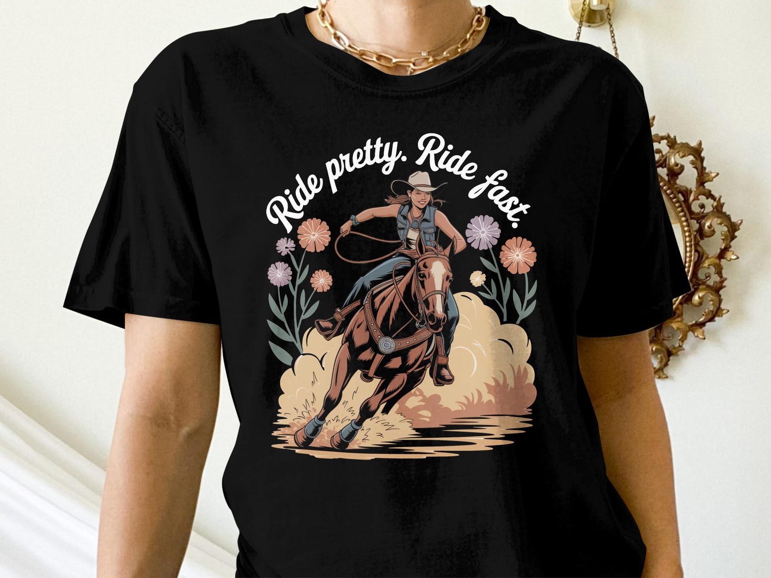 Ride Pretty Ride Fast T-Shirt, Horse Riding Tee, Western T-Shirt, Equestrian Gift, Cowgirl Shirt, Floral Horse Shirt, Women s Riding Shirt S