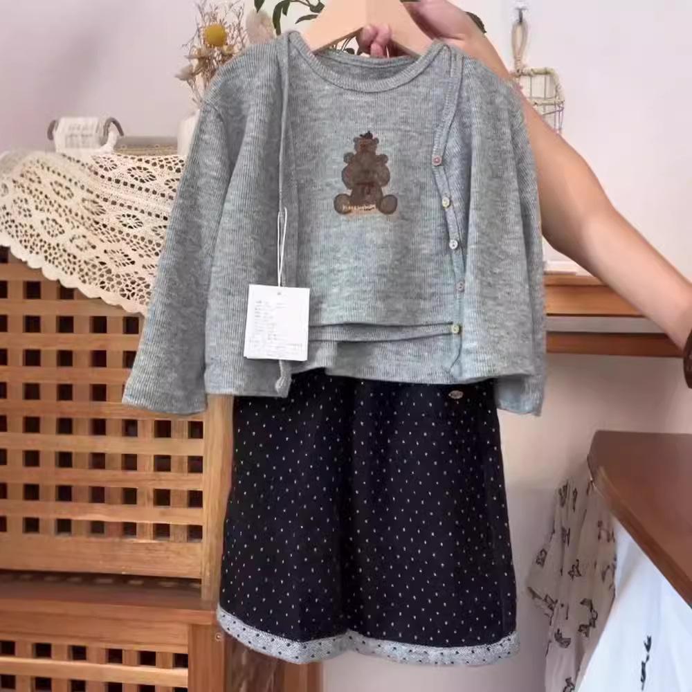 Girls' 2024 Autumn Three-Piece Set: Knitted Cardigan Vest & Polka Dot Pants