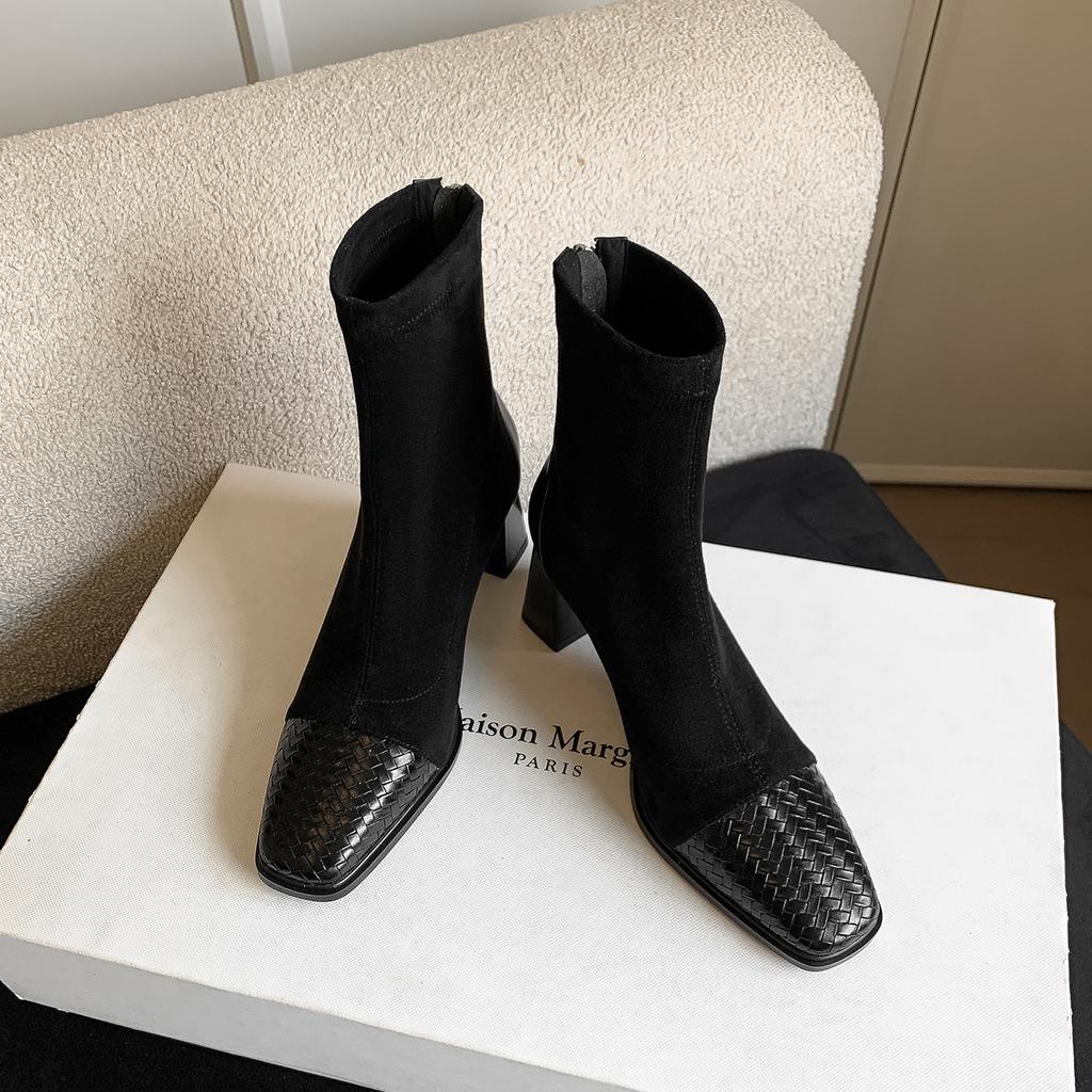7CM French retro splicing temperament high-heeled boots 2025 autumn and winter new square head thick heel rear zipper light luxury short boots