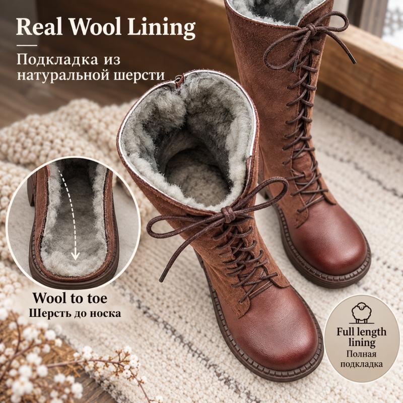 G&Zaco Luxury brand Knight Boots Genuine Leather Real Wool Women's Boots Knee-high Sheepskin Fur Anti Slip Thick Cotton Warm Lace Up Long Boots 3337