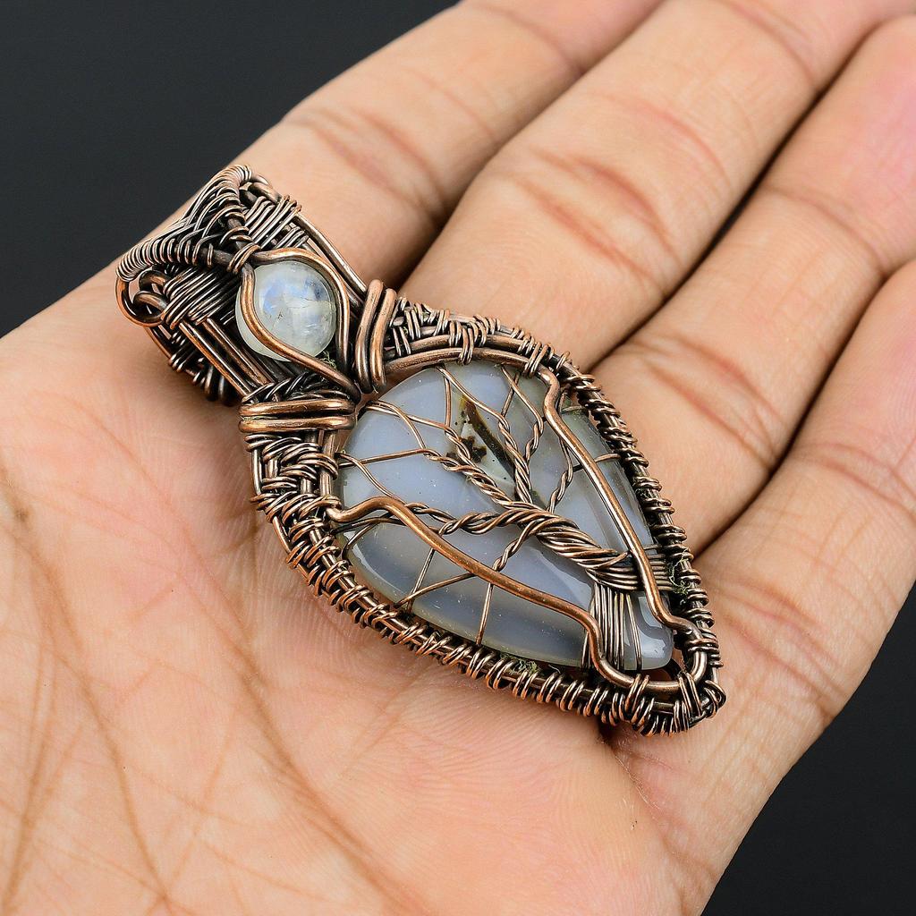 Montana Agate & Rainbow Moonstone Pendant, 999 Copper Wire Wrapped Handmade Brand New Jewelry, Gift For Him Gemstone Pendant For Women