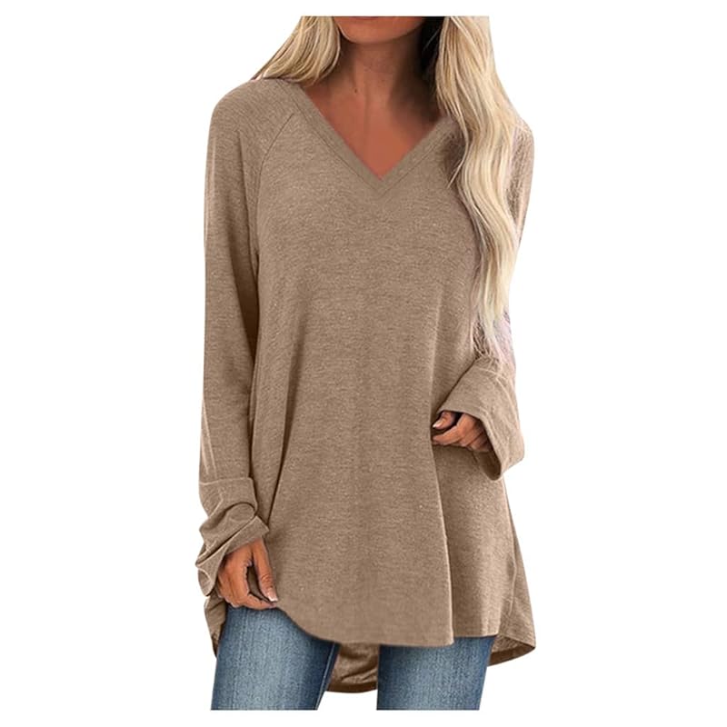 

[Big Rough] tops T t tea shirt long height v neck tunic long sleeve cut and sew summer autumn spring ladies (Khaki, 2XL)