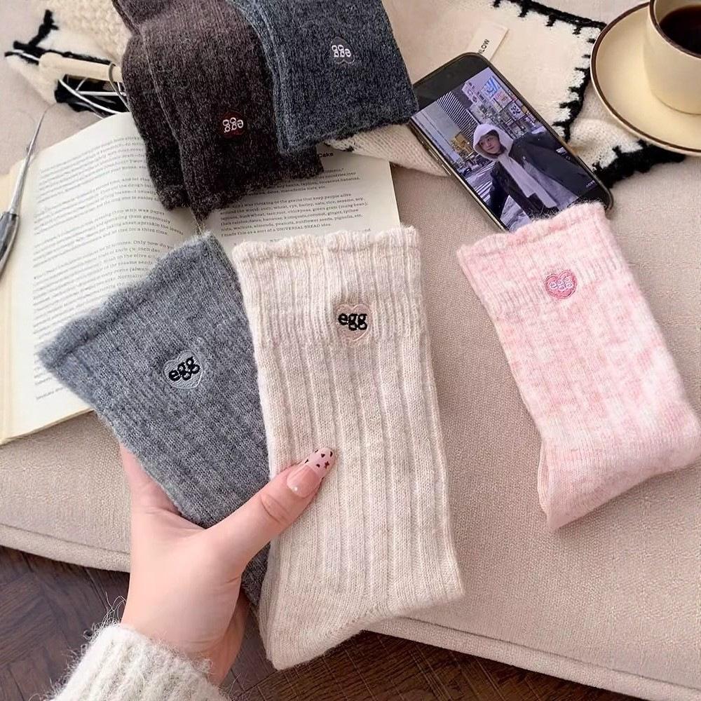 Korean Version Of Love Embroidered Lace Wool Socks Children Autumn And Winter Thickened Warm Boneless Soft Waxy Stacking Socks Versatile Cotton Socks