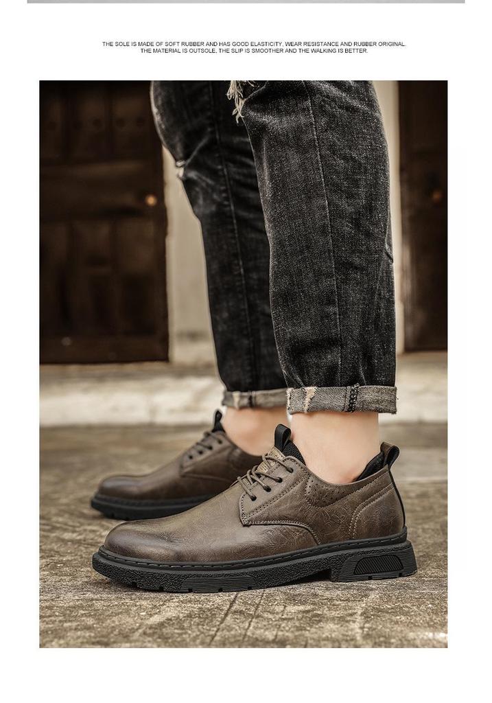 Men's Plus Size Autumn Leather Shoes - Thick Sole British Style Low-top Retro Work Boots