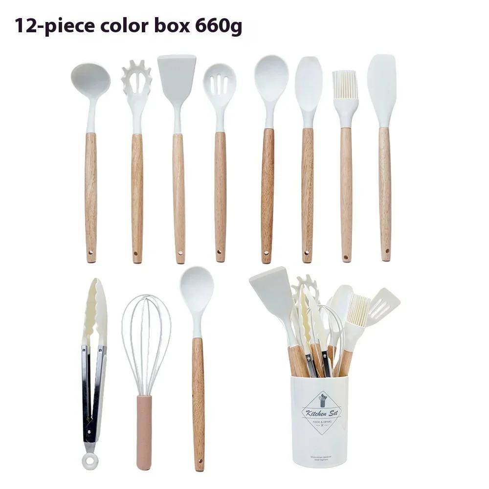 12Pcs Kitchen Cooking Utensils Set Wooden Handle Cooking Tool Non-stick Cookware Spatula Shovel Egg Silicone Kitchenware Beaters