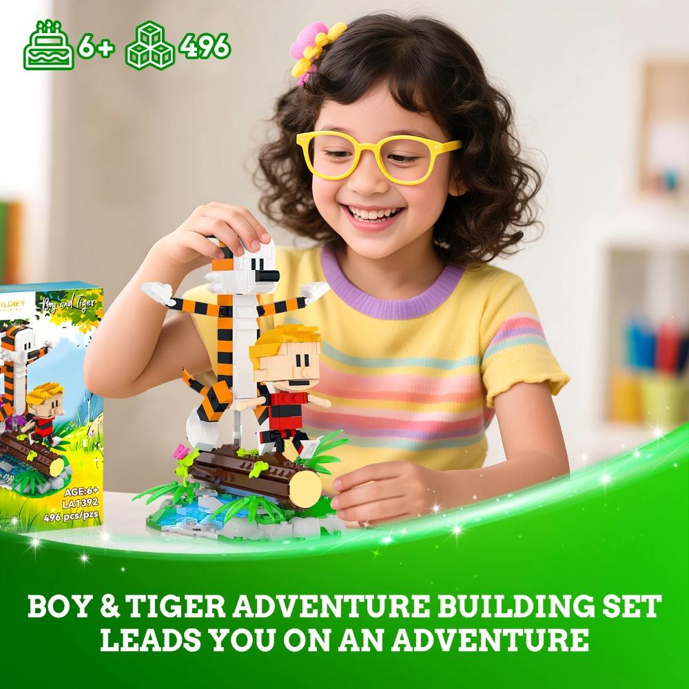 Little Boy & Tiger Adventure Building Set, Classic Cartoon Wooden Bridge Figure Toys, Creative Gift for Kid Boy 8-14, 496 Pcs