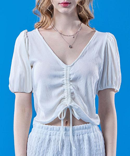 KOLEAT Cooling Pleated Ribbon Puff Crop Short Sleeve Tee [White] V-Neck Ver.